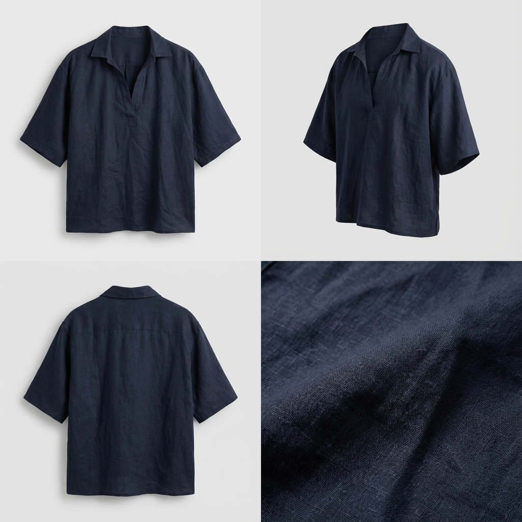 Navy blue polo shirt shown from front, back, and side views with a close-up of the fabric texture.